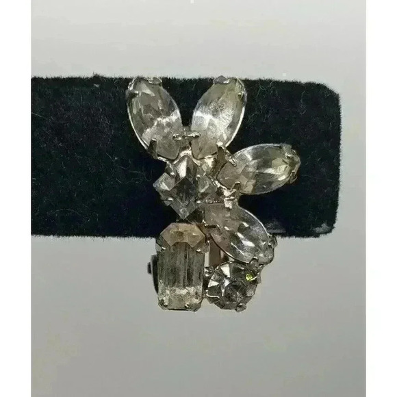 Vintage Earrings Clear Rhinestone Clip Clear Half Flower Star Bride Statement - Picture 4 of 10